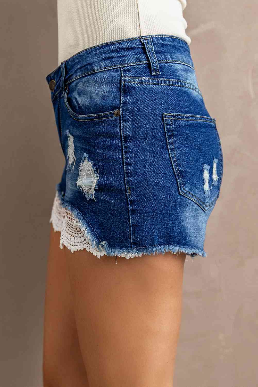 Spliced Lace Distressed Denim Shorts - Athleuse