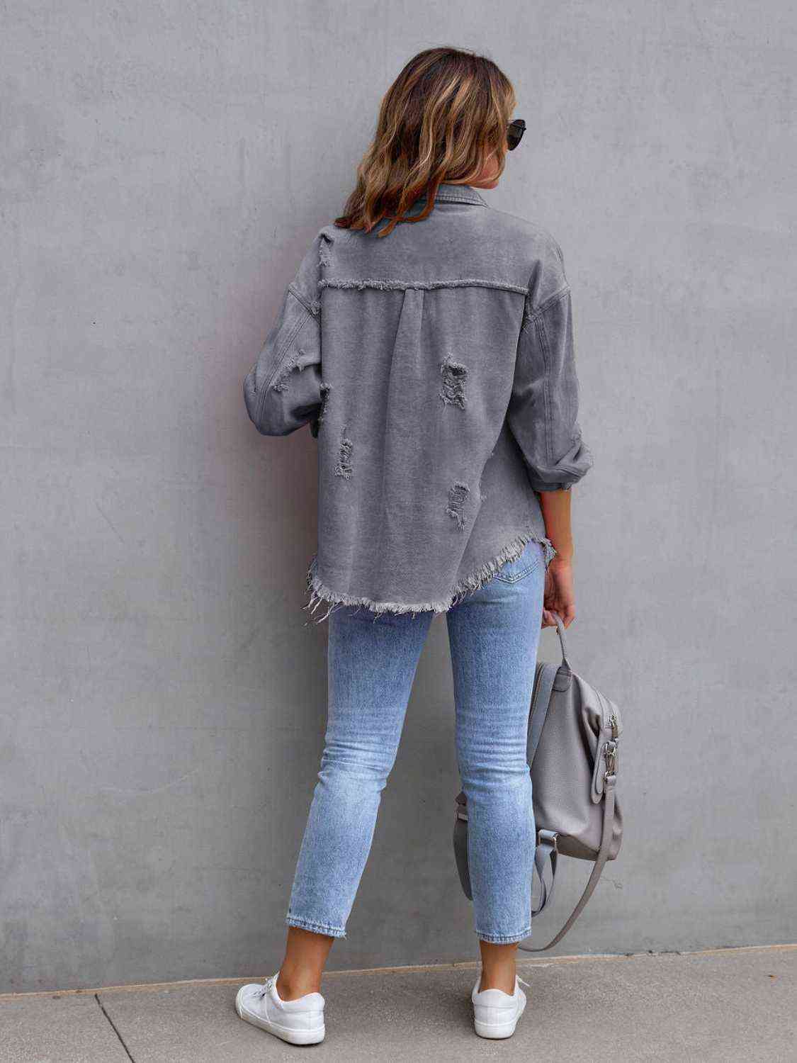 Distressed Drop Shoulder Denim Jacket - Athleuse