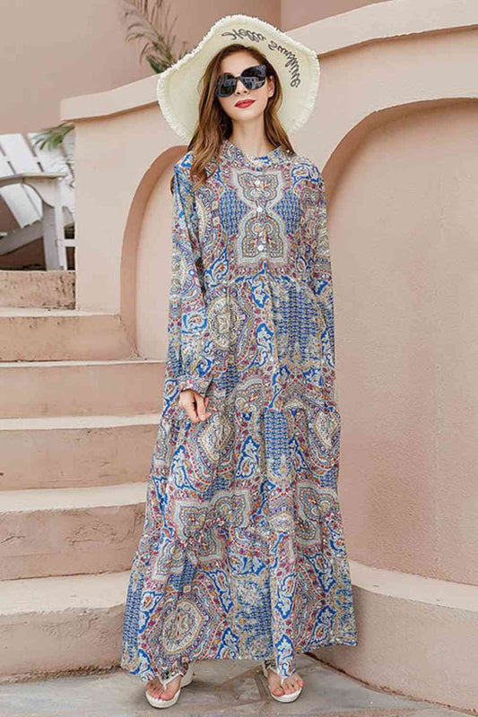 Plus Size Printed Mock Neck Buttoned Maxi Dress - Athleuse