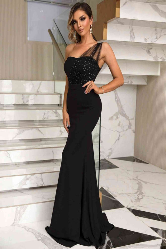 Rhinestone One-Shoulder Formal Dress - Athleuse