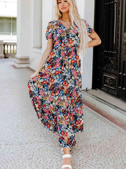 Printed V-Neck Short Sleeve Maxi Dress - Athleuse