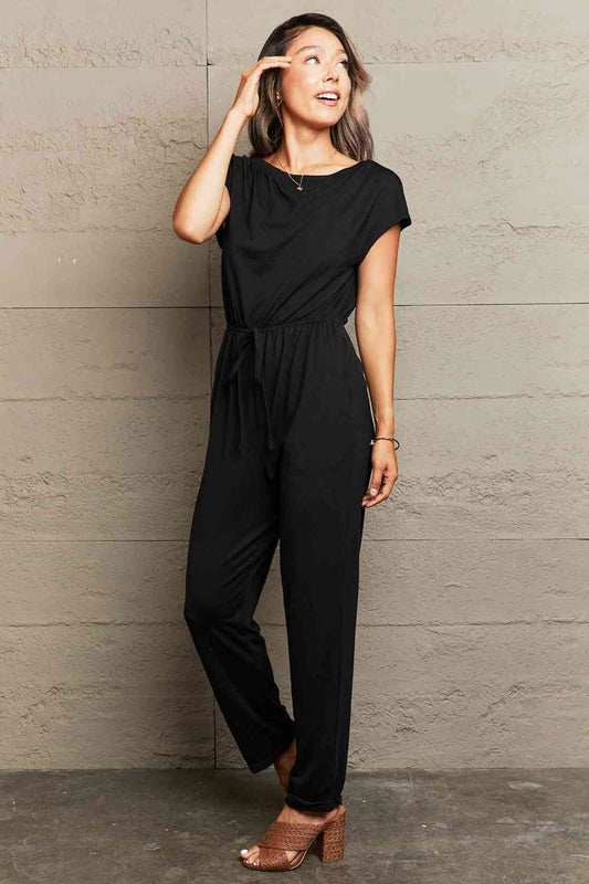 Boat Neck Short Sleeve Jumpsuit with Pockets - Athleuse