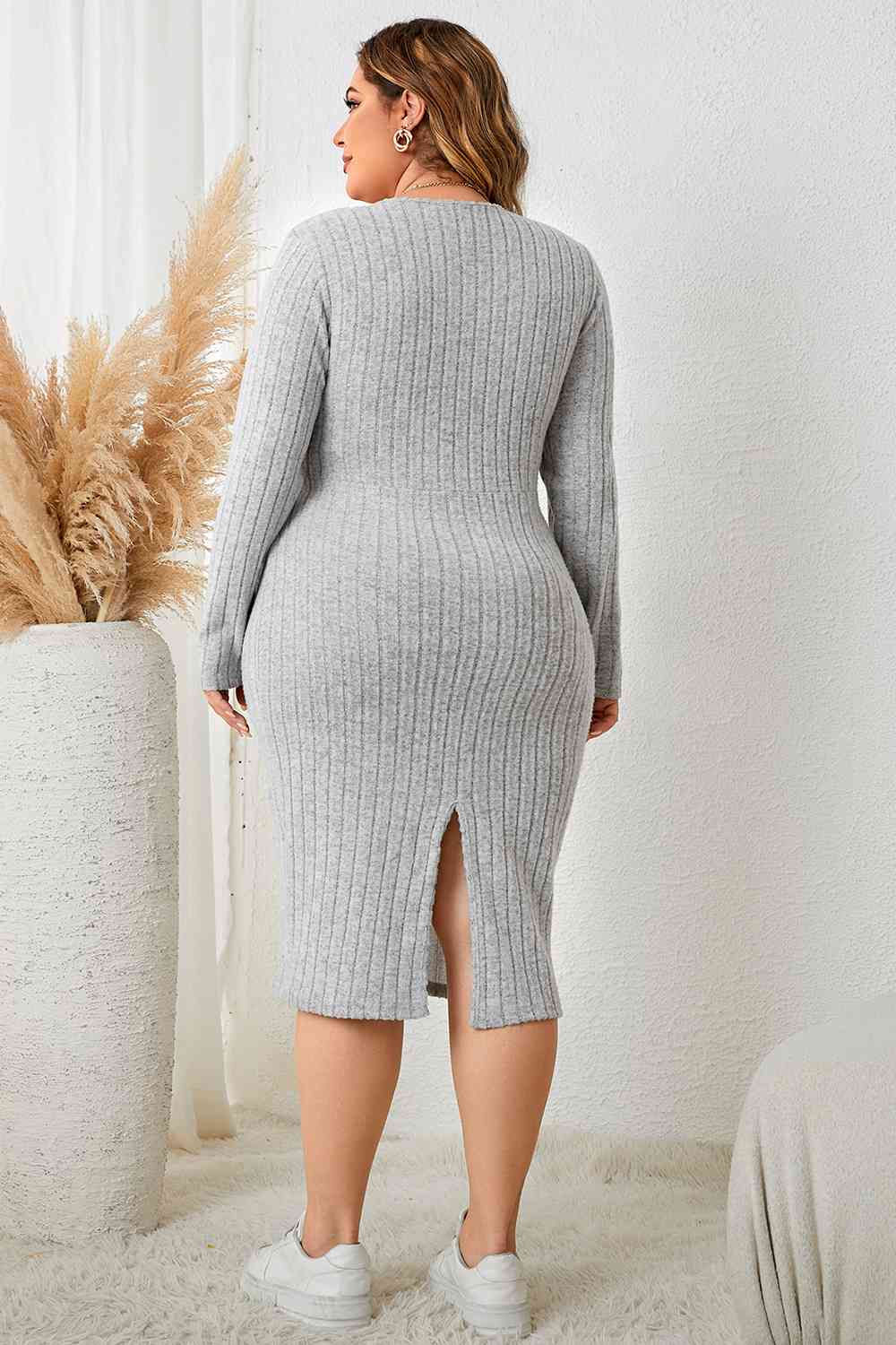 Plus Size Surplice Neck Long Sleeve Slit Dress - Athleuse