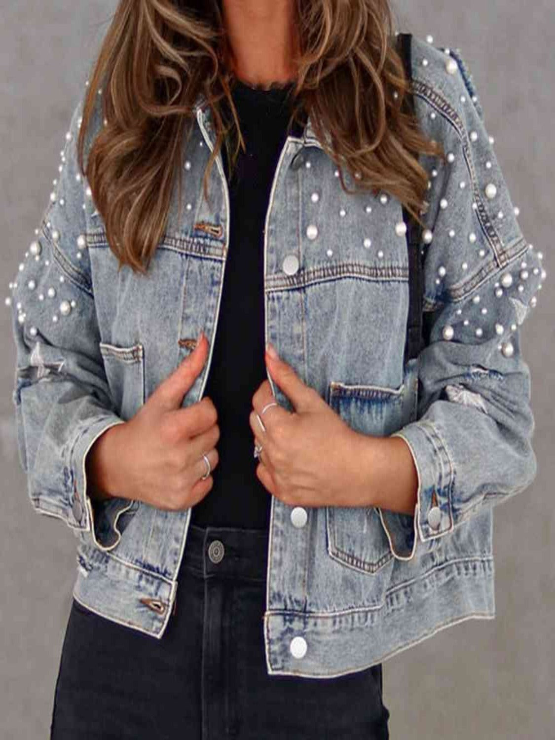 Bead Detail Denim Jacket - Athleuse