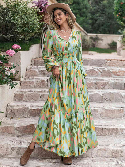 Printed Tie Neck Long Sleeve Maxi Dress - Athleuse