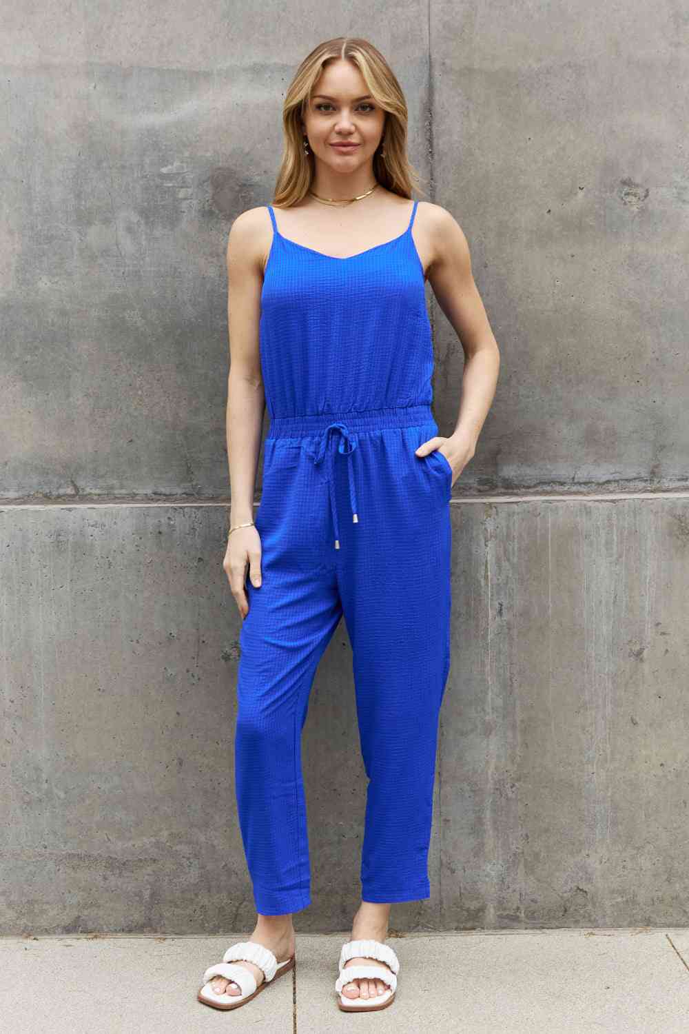 ODDI Full Size Textured Woven Jumpsuit in Royal Blue - Athleuse