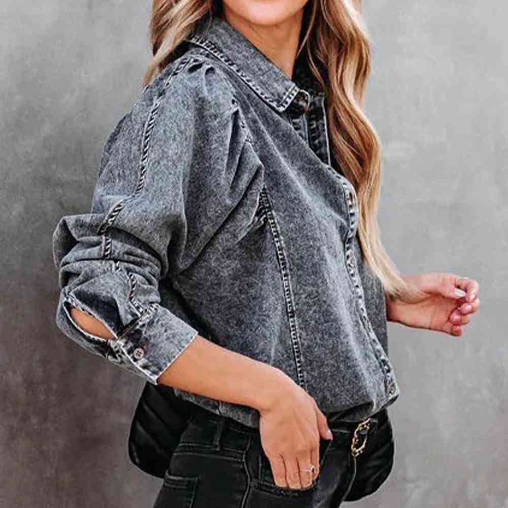 Collared Neck Buttoned Denim Shirt - Athleuse