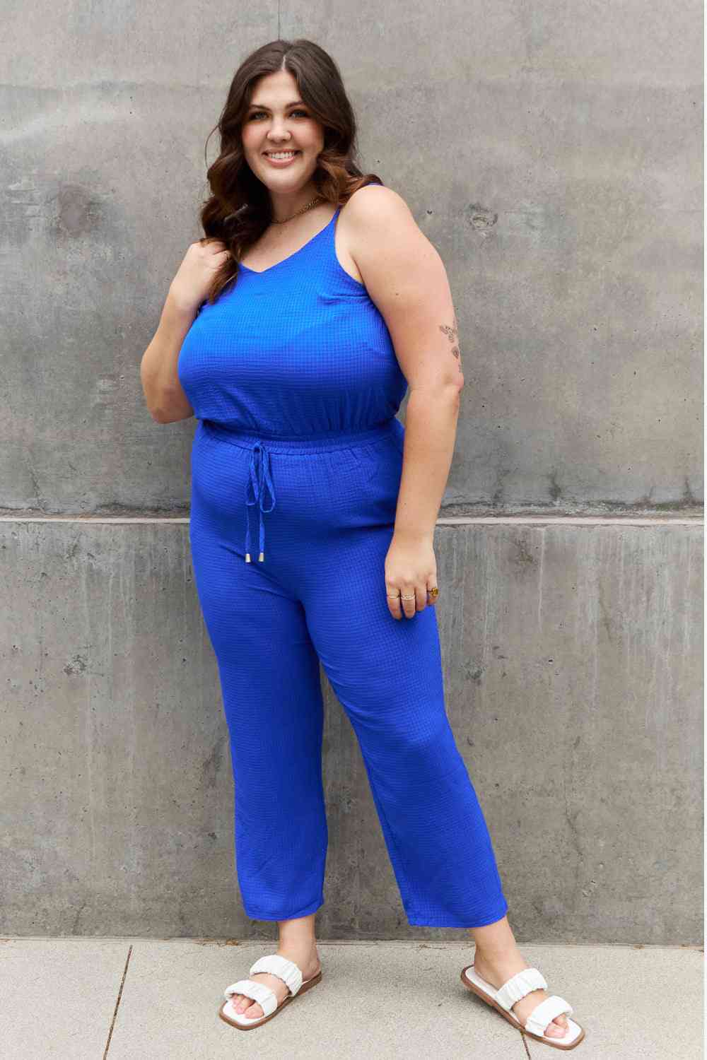 ODDI Full Size Textured Woven Jumpsuit in Royal Blue - Athleuse