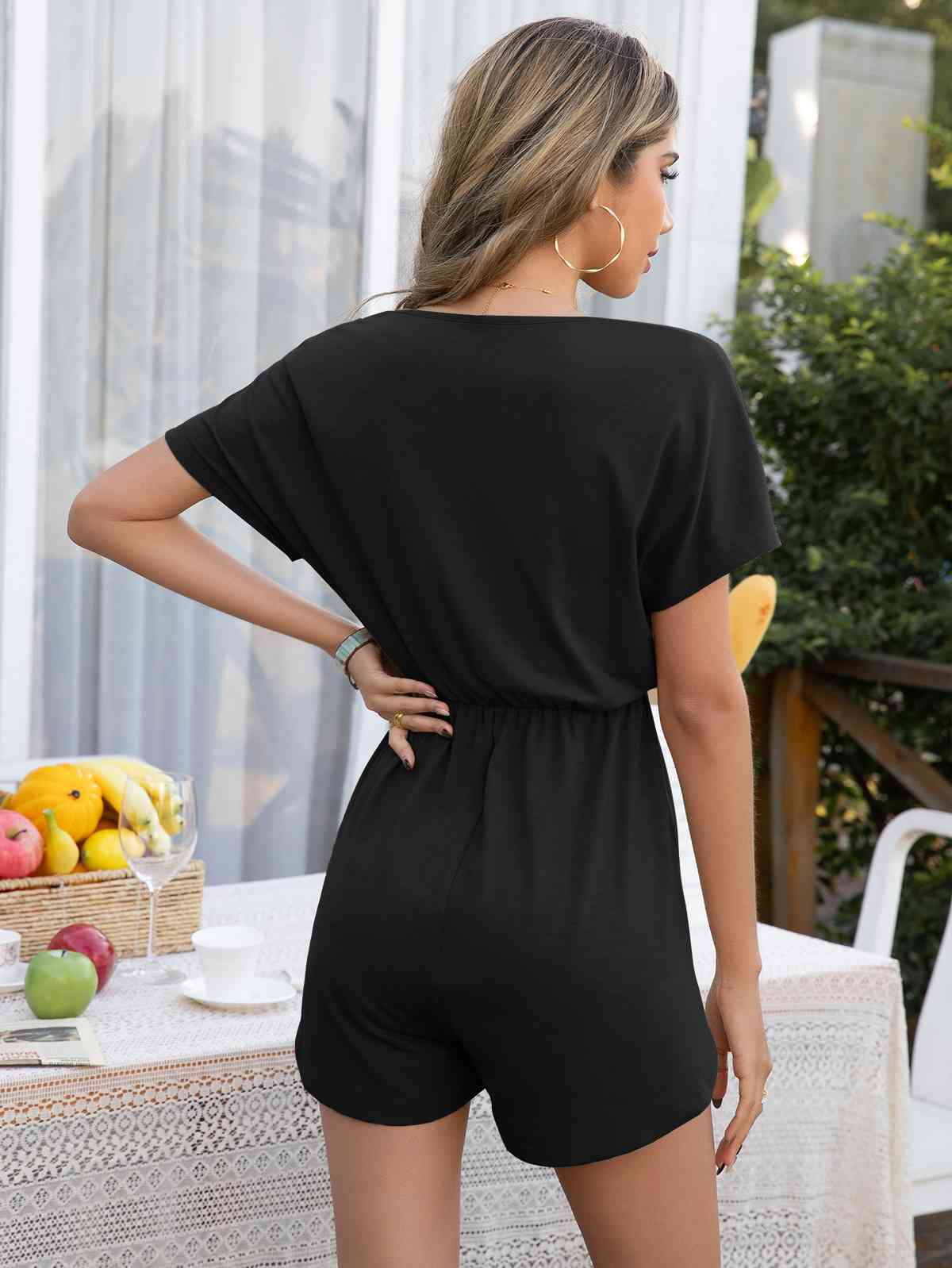 Decorative Button Round Neck Short Sleeve Romper - Athleuse