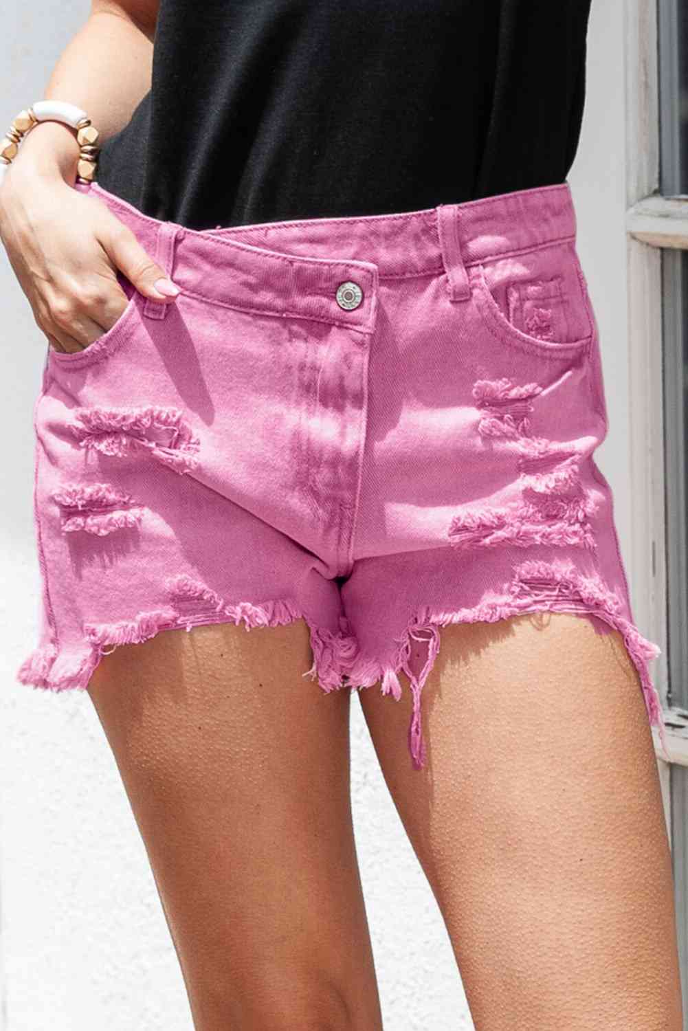 Asymmetrical Distressed Denim Shorts - Athleuse