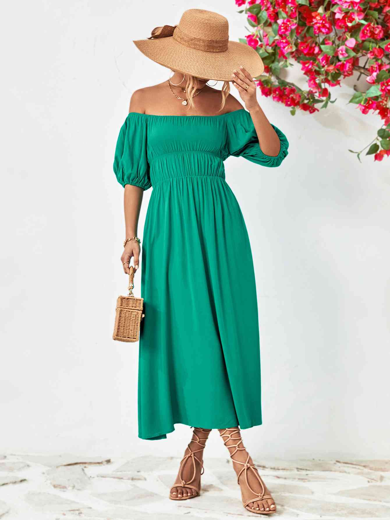 Off-Shoulder Balloon Sleeve Midi Dress - Athleuse