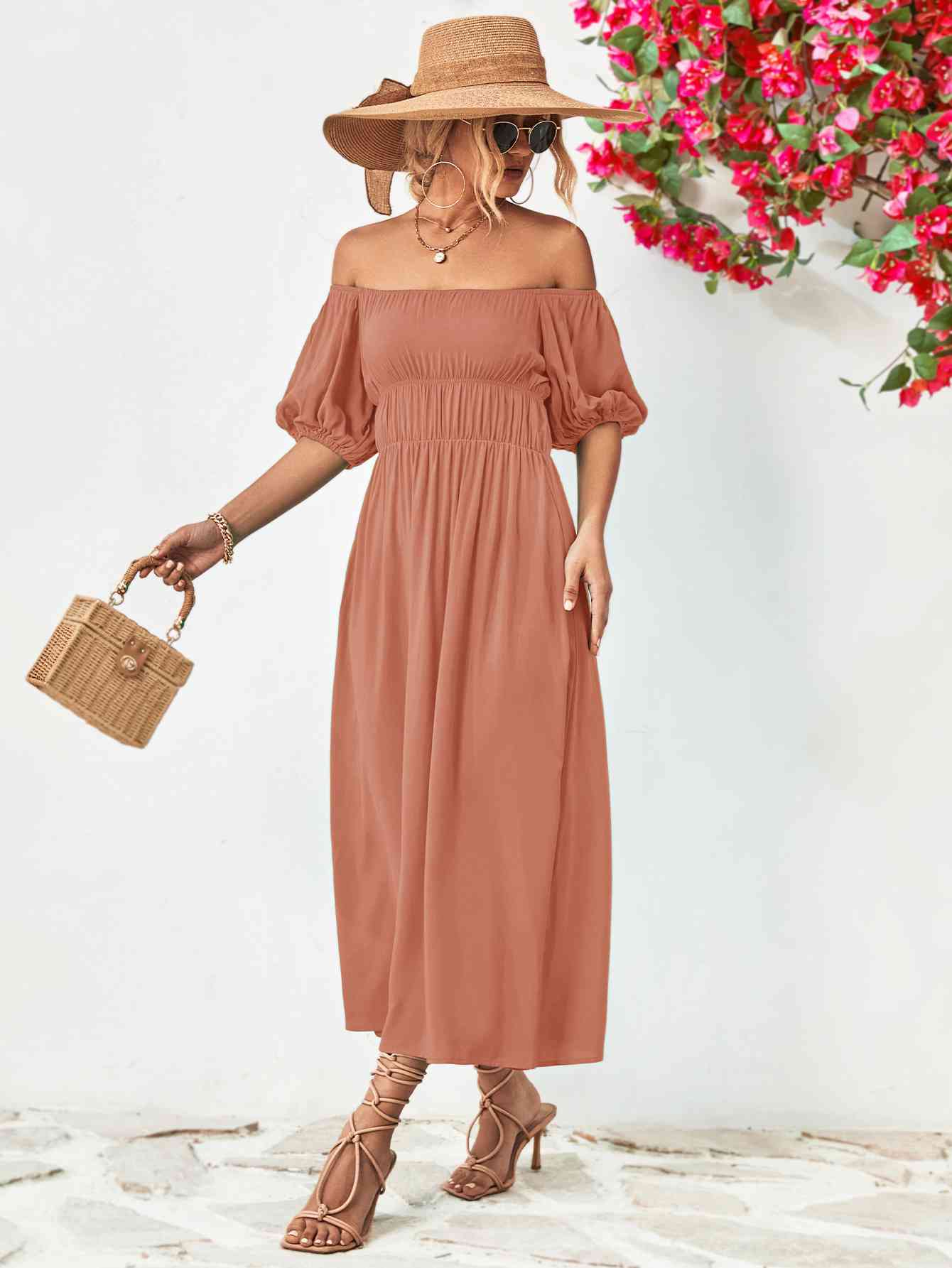 Off-Shoulder Balloon Sleeve Midi Dress - Athleuse