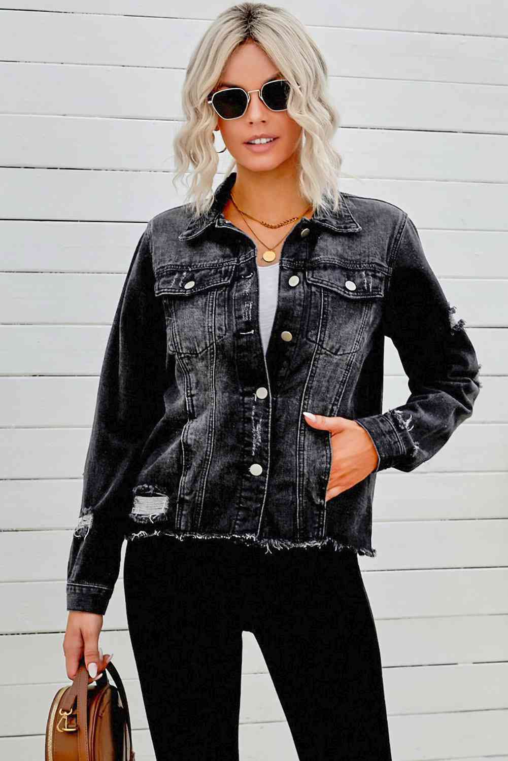 Distressed Raw Hem Denim Jacket - Athleuse