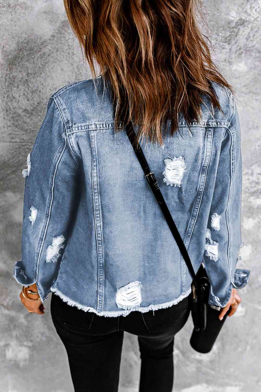 Distressed Raw Hem Denim Jacket - Athleuse